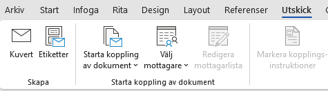 Fliken Utskick i Word för att starta dokumentkoppling för etiketter